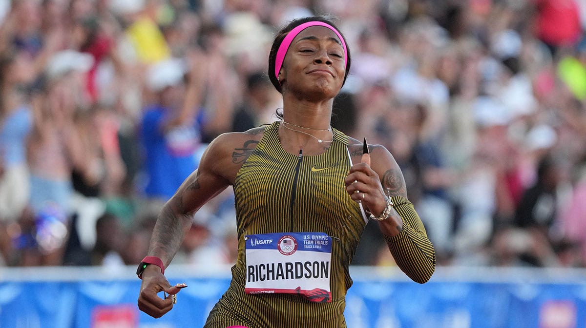 Sha'Carri Richardson celebrates after winning the women's 100m in 10.70 during the US Olympic Team Trials.