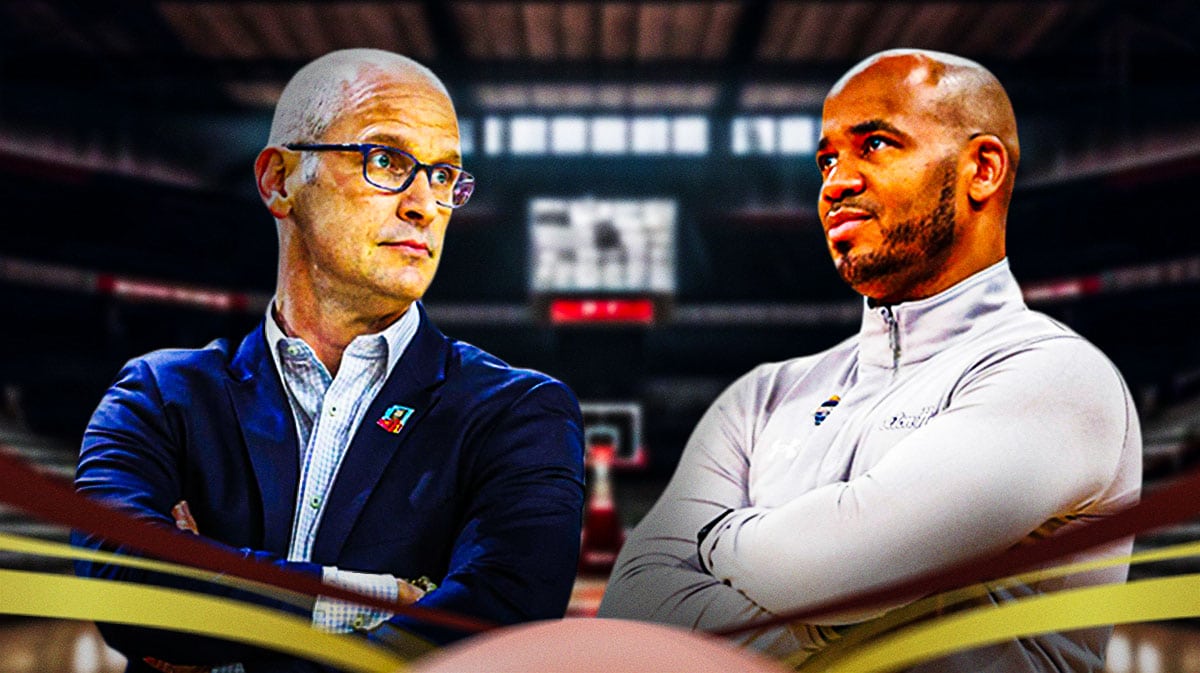 UConn basketball, Huskies, Shaheen Holloway, Dan Hurley, Huskies, Dan Hurley and Shaheen Halloway with UConn basketball arena in the background