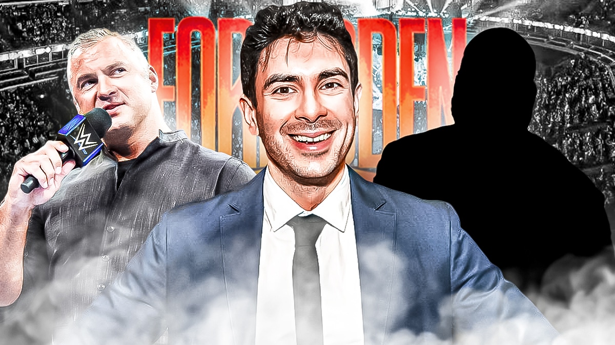 Tony Khan with Shane McMahon on his left and the blacked-out silhouette of Shaq on his right with the 2024 Forbidden Door logo as the background.