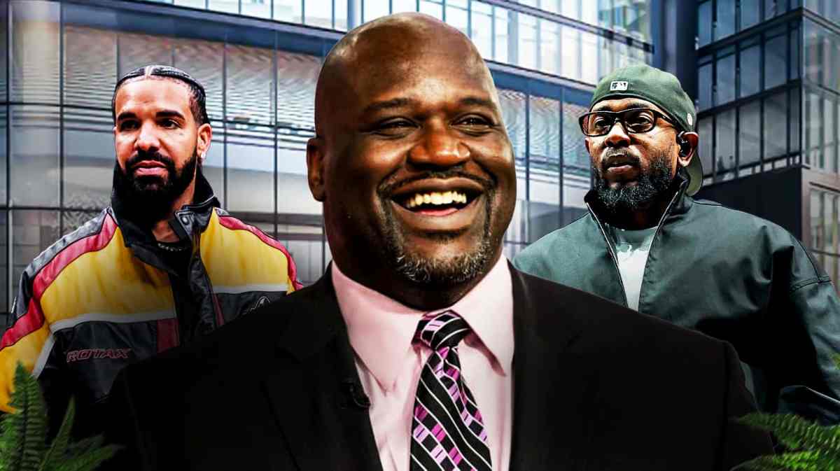 Shaq laughing in the middle, Drake and Kendrick Lamar on either sides.
