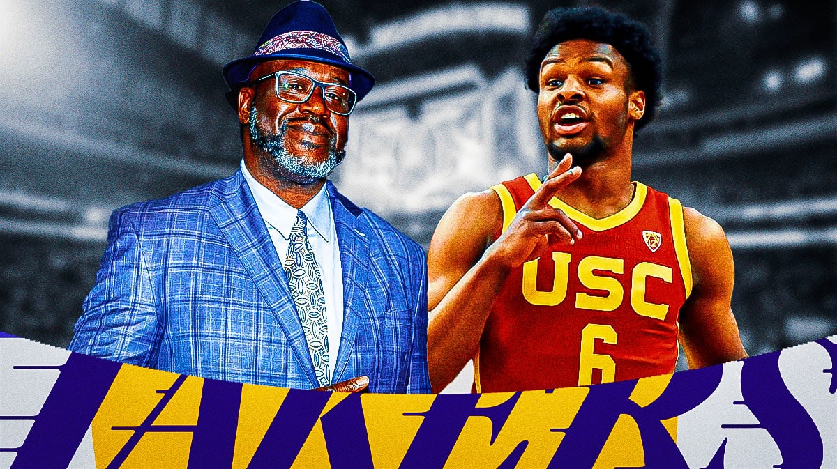 Shaquille O'Neal and Los Angeles Lakers rookie Bronny James in front of Crypto.com Arena.