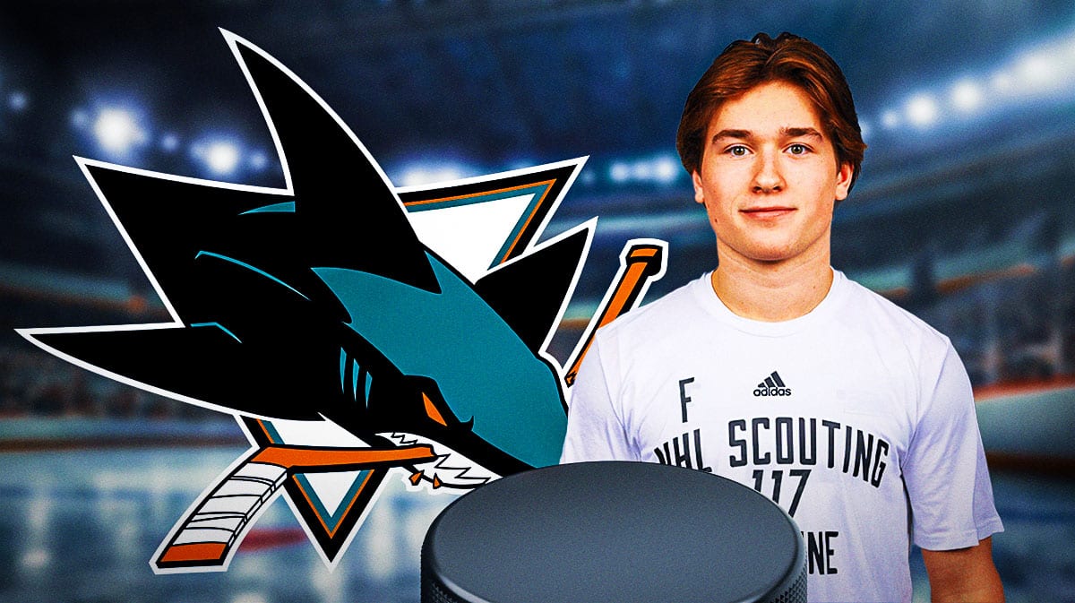 Macklin Celebrini in image looking happy, San Jose Sharks logo, hockey rink in background