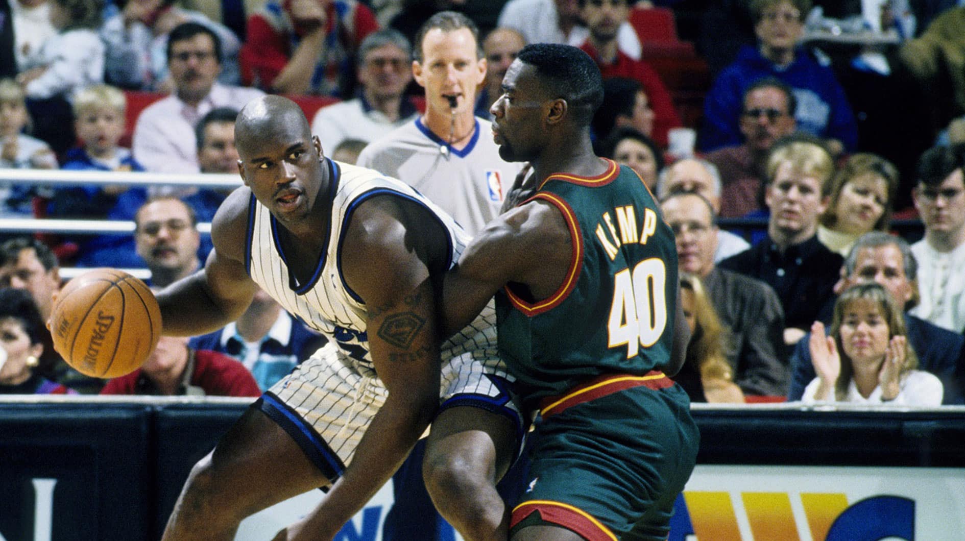 Orlando Magic center Shaquille O'Neal (32) in action against Seattle Supersonics center Shawn Kemp (40) at the Orlando Arena. Mandatory Credit: RVR Photos-USA TODAY Sports
