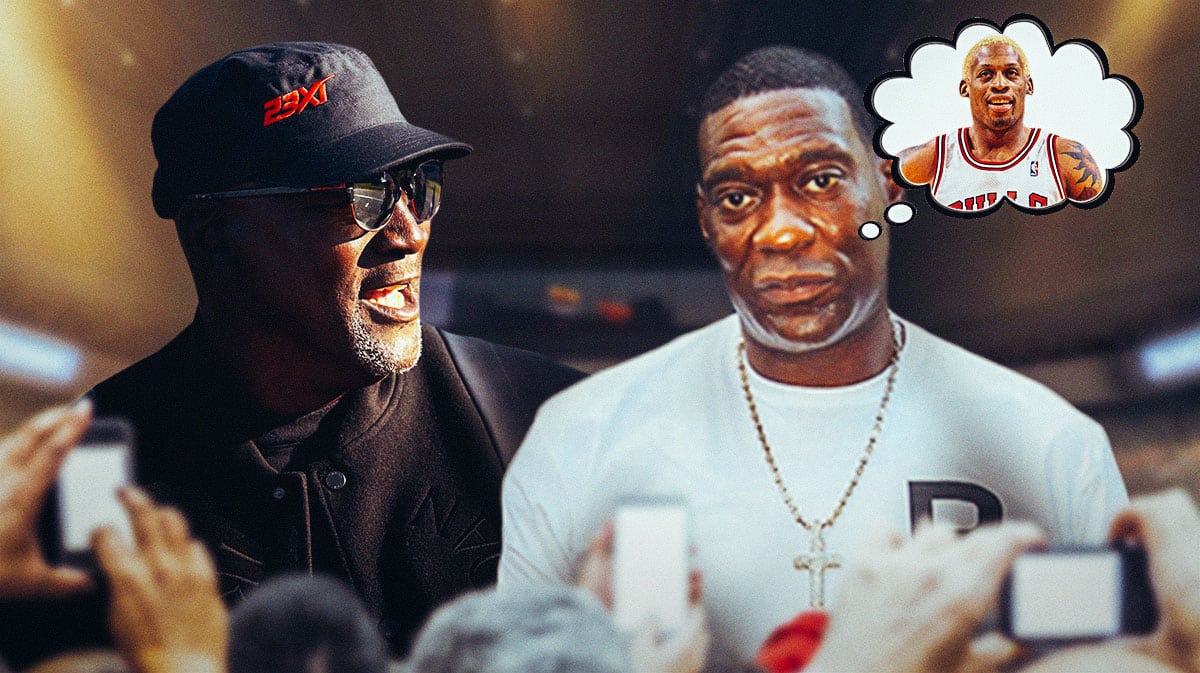 Michael Jordan and Shawn Kemp, with Kemp imagining Dennis Rodman in Bulls jersey