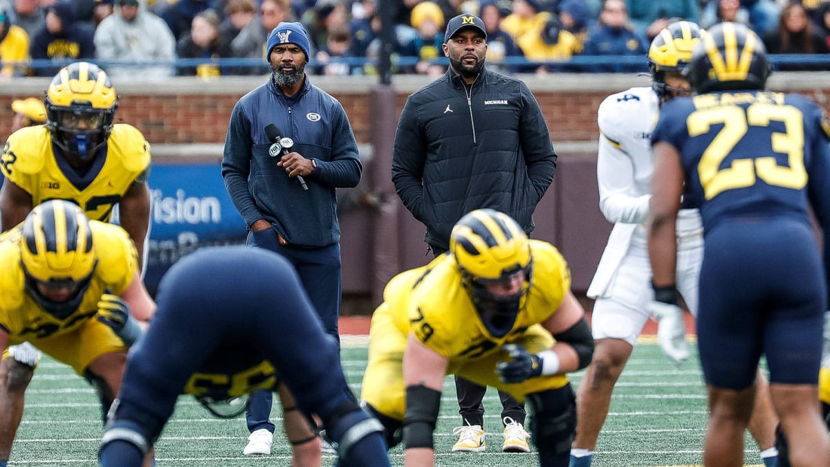 Michigan head coach Sherrone Moore watches a play during the second half of the spring game at Michigan Stadium