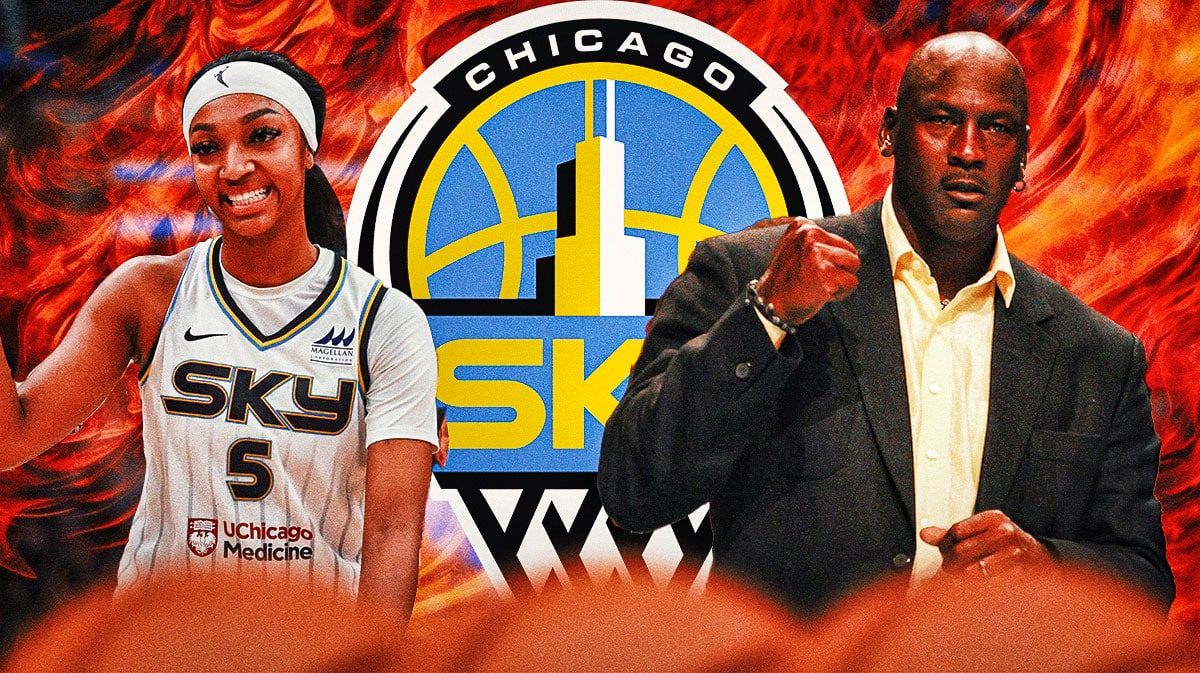 Chicago Sky rookie Angel Reese stands next to Bulls legend Michael Jordan, flames in background