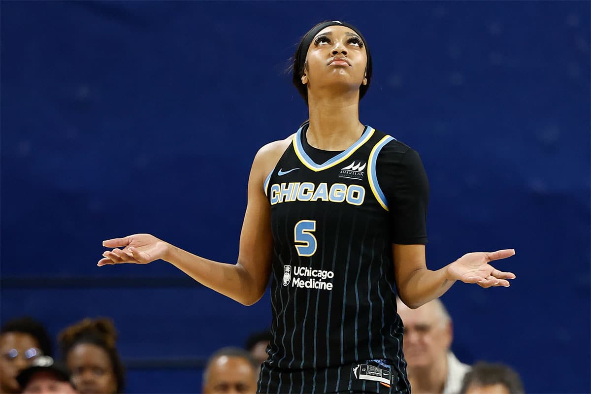 Chicago Sky forward Angel Reese (5) reacts after being ejected from her team’s WNBA game against the New York Liberty during the second half at Wintrust Arena.