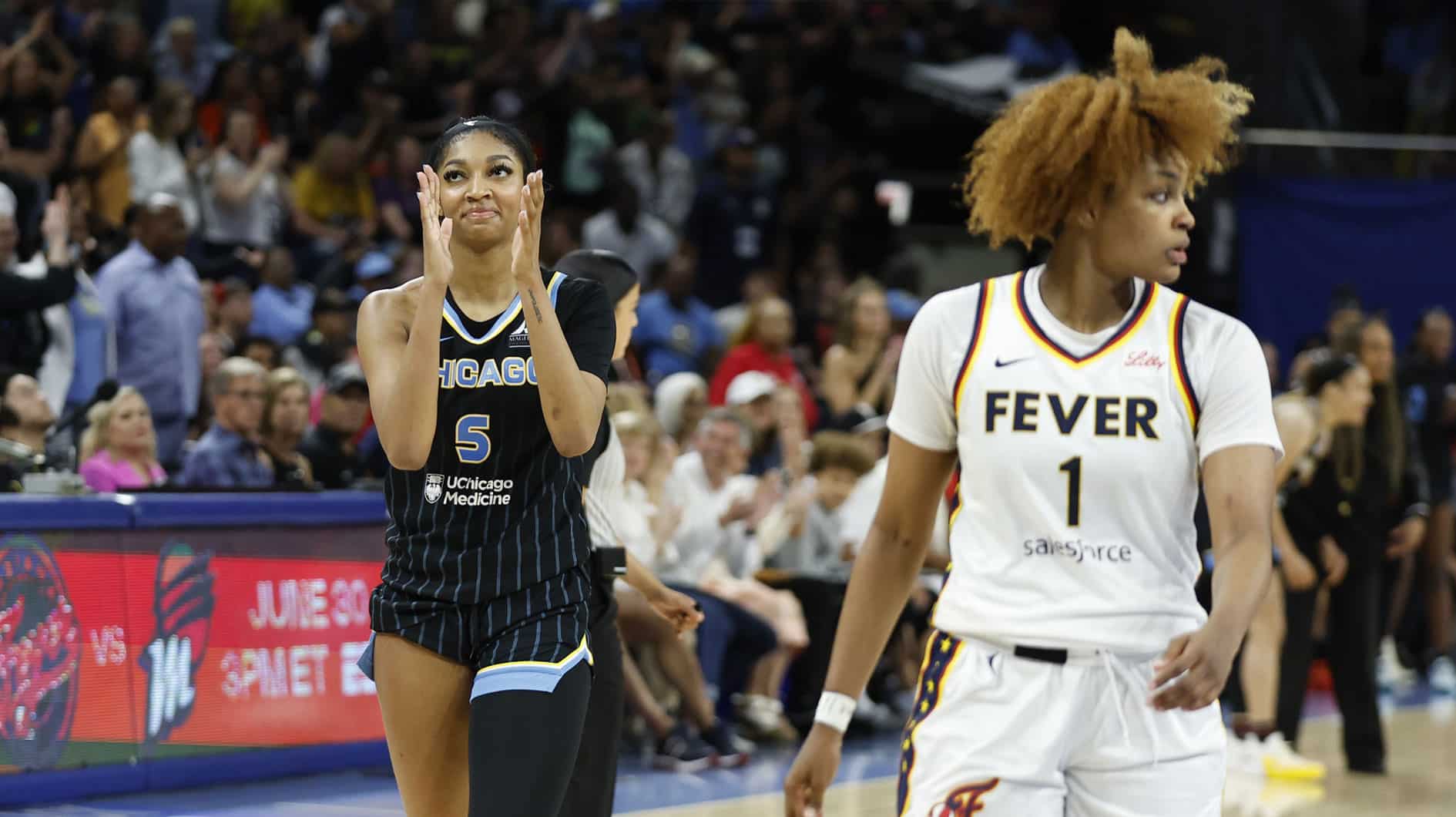 Chicago Sky forward Angel Reese (5) reacts during the second half of a basketball game against the Indiana Fever