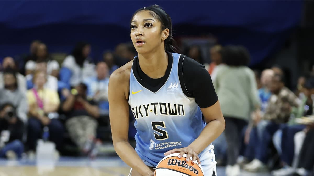 Chicago Sky forward Angel Reese (5) looks to shoot against the Connecticut Sun during the second half of a WNBA game at Wintrust Arena.