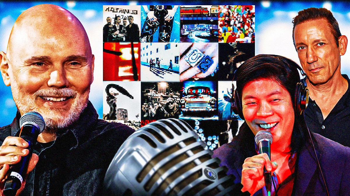 Smashing Pumpkins members Billy Corgan, James Iha, and Jimmy Chamberlin with U2 Achtung Baby album cover (with Zoo Station).