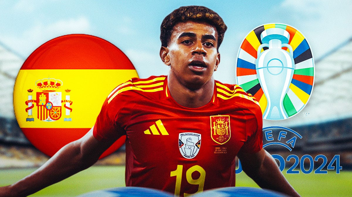 Lamine Yamal in front of the Spanish flag and Euro 2024 logo