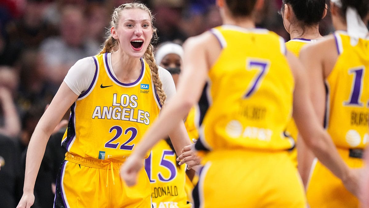 Los Angeles Sparks forward Cameron Brink (22) yells in excitement Tuesday, May 28, 2024, during the game at Gainbridge Fieldhouse in Indianapolis.