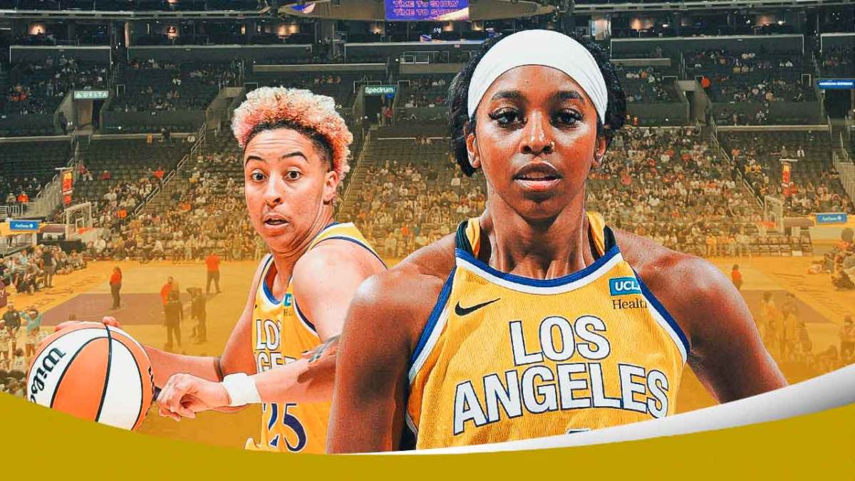 Lexie Brown and Layshia Clarendon with the Sparks arena in the background, injury