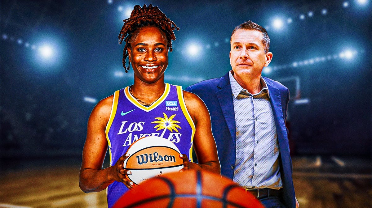 Queen Egbo in a LA Sparks jersey alongside Sparks head coach Curt Miller