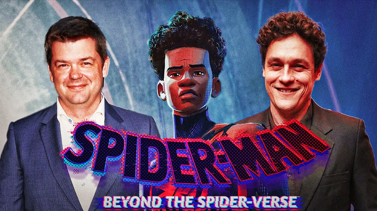 Spider-Man: Beyond the Spider-Verse logo with Miles Morales and Phil Lord and Christopher Miller.