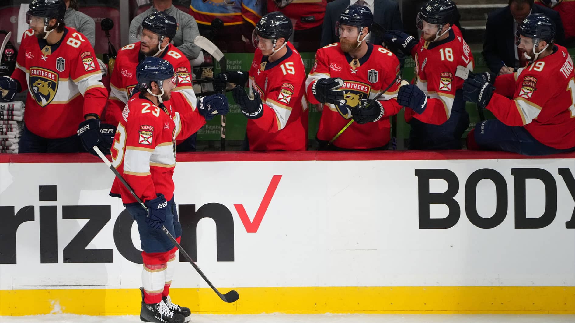 Florida Panthers forward Carter Verhaeghe (23) celebrates scoring against Edmonton Oilers during the first period in game one of the 2024 Stanley Cup Final at Amerant Bank Arena.