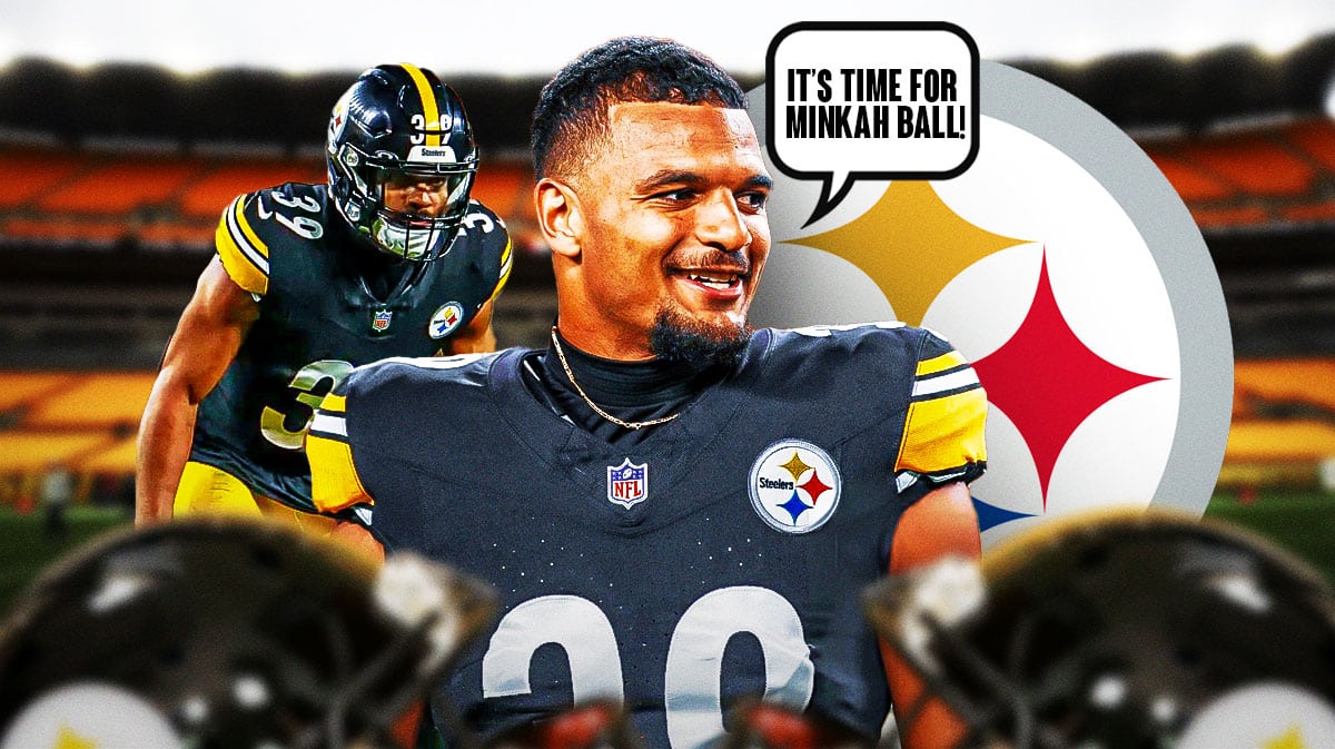 Pittsburgh Steelers safety Minkah Fitzpatrick with a speech bubble that says “It’s time for Minkah Ball!” There is also a logo for the Pittsburgh Steelers.