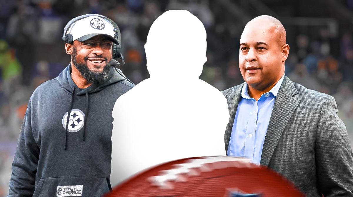 Mike Tomlin and Omar Khan with mystery player silhouette. Steelers stadium in background