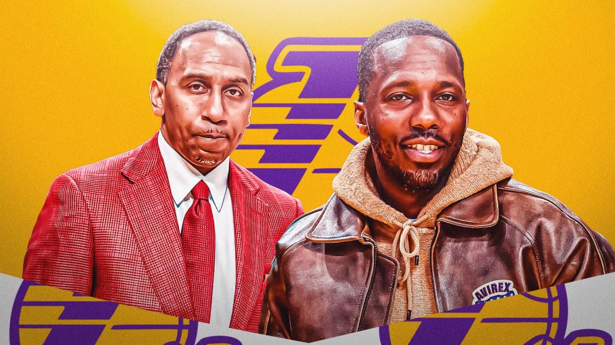 Stephen A. Smith stands beside LeBron James' agent Rich Paul, Lakers logo in background