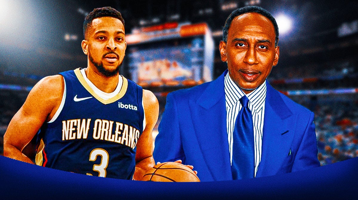 Stephen A. Smith smiling, CJ McCollum looking serious