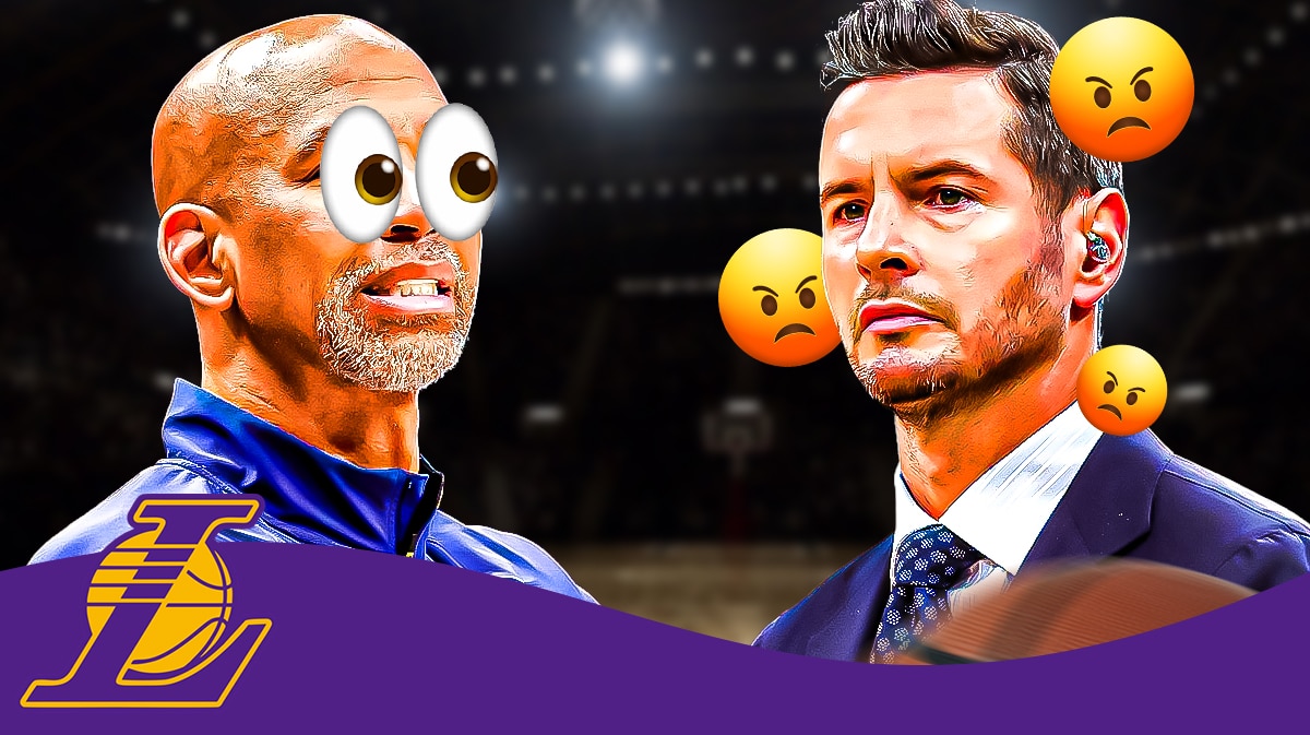 Lakers logo. Monty Williams with big emoji eyes. JJ Redick with angry emojis