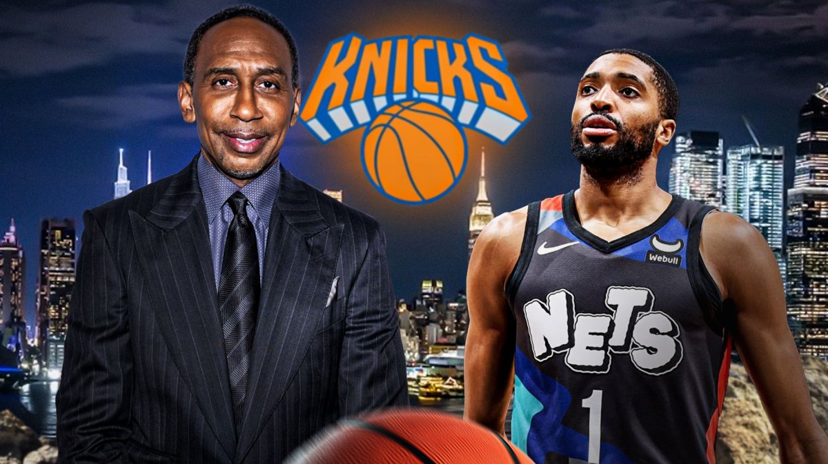 Nets' Mikal Bridges stans next to Knicks logo after trade, Stephen A. Smith beside him
