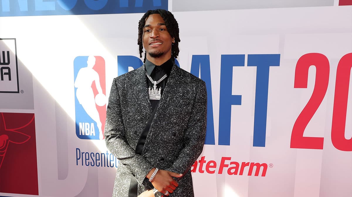 Stephon Castle arrives for the first round of the 2024 NBA Draft at Barclays Center. 