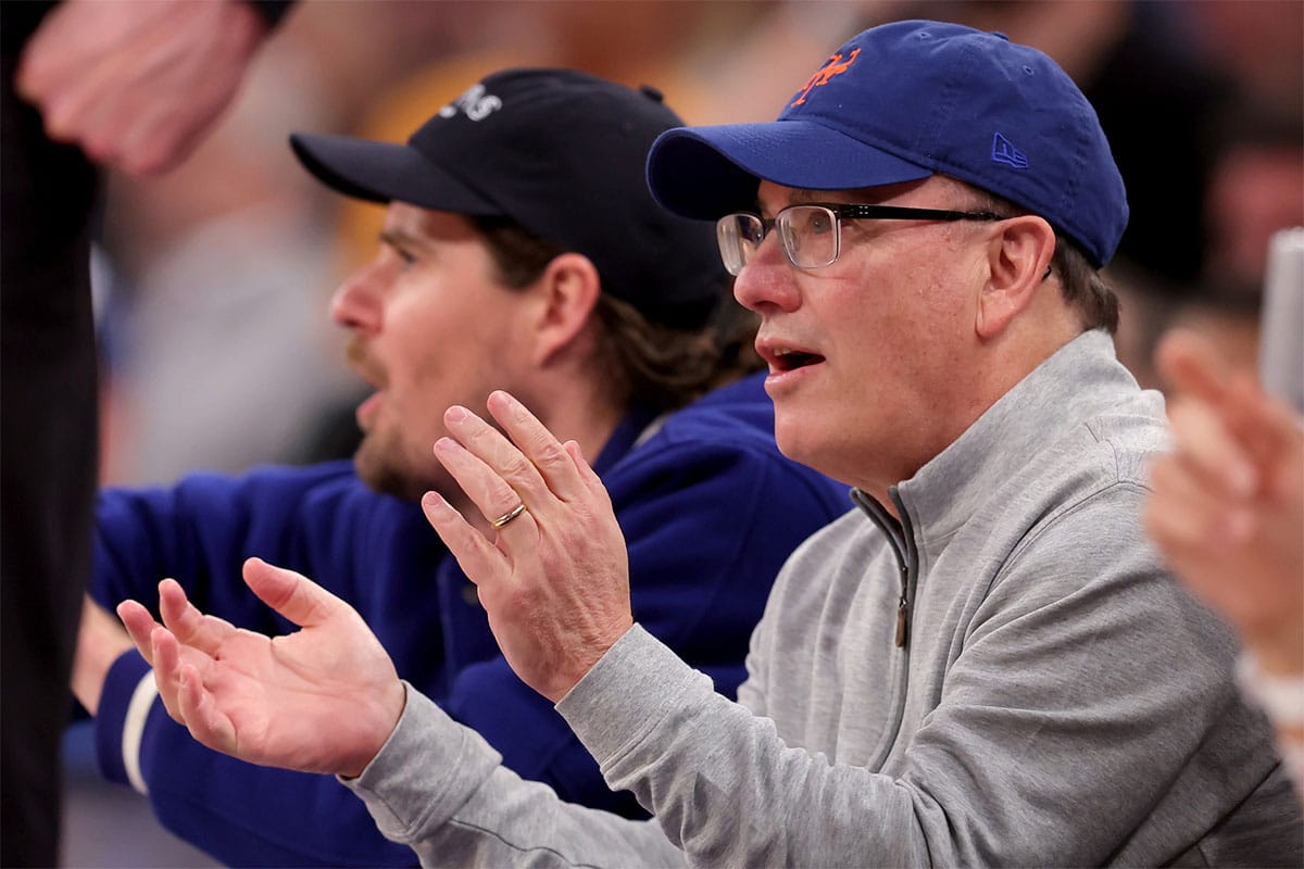 New York Mets owner Steve Cohen sits court side during the second quarter of game seven of the second round of the 2024 NBA playoffs between the New York Knicks and the Indiana Pacers at Madison Square Garden.