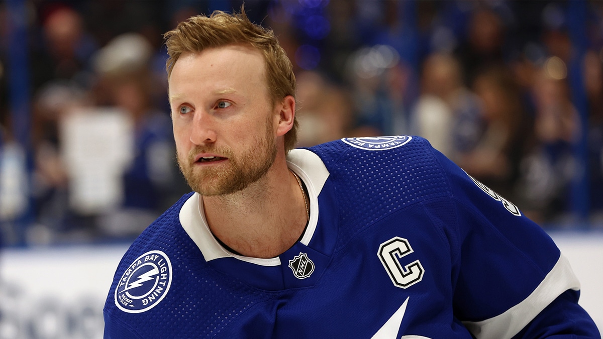 ampa Bay Lightning center Steven Stamkos (91) warms up against the Florida Panthers in game four of the first round of the 2024 Stanley Cup Playoffs at Amalie Arena.