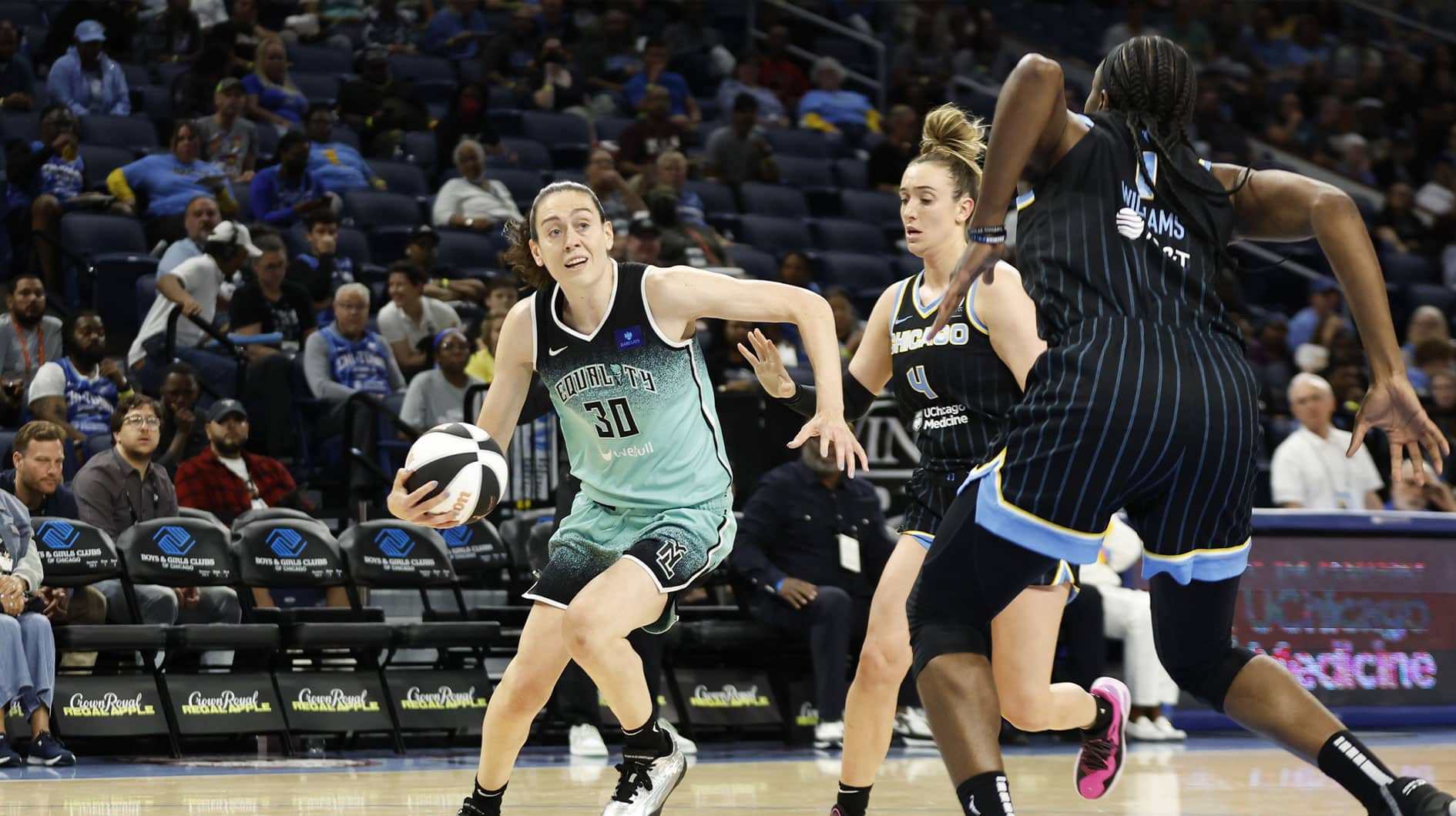 New York Liberty forward Breanna Stewart (30) drives to the basket against the Chicago Sky during the first half of a WNBA game at Wintrust Arena. 