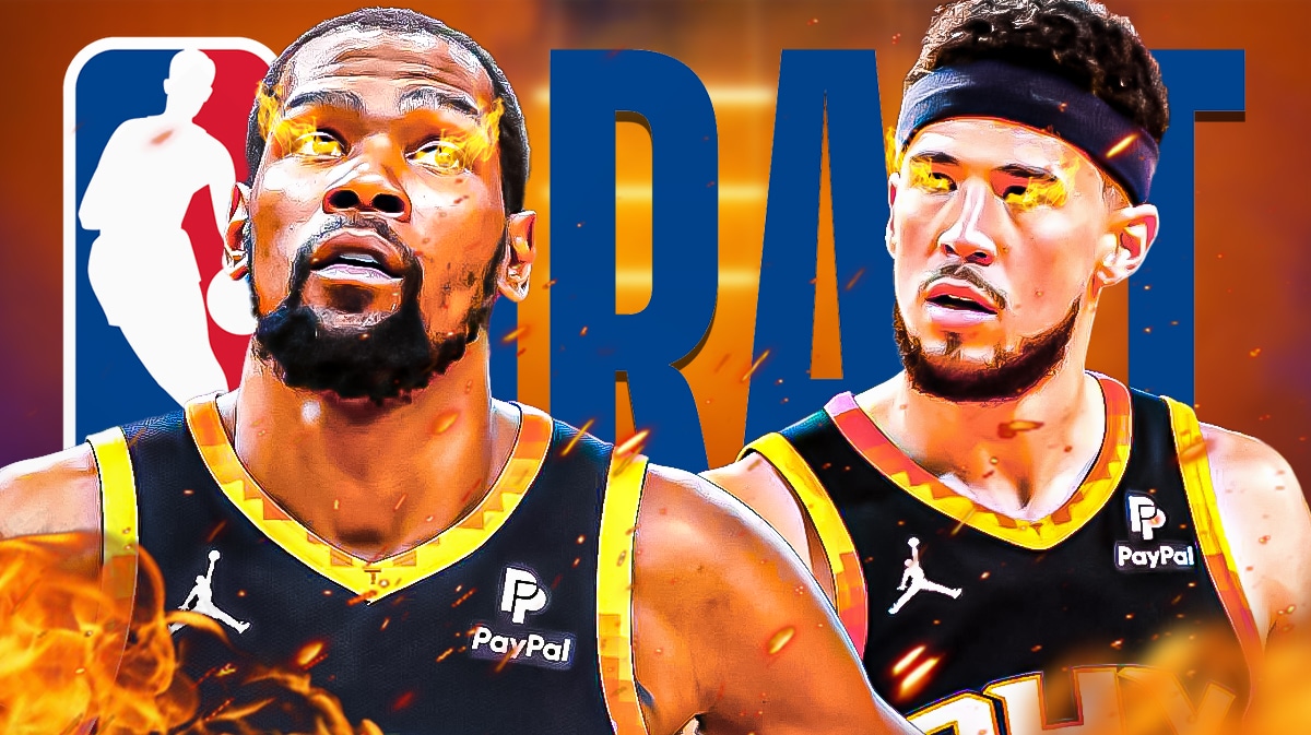 Kevin Durant and Devin Booker with fire in their eyes. NA Draft logo in the background