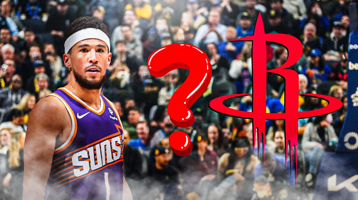 Suns Devin Booker on left. Houston Rockets logo on right. Question mark in middle.