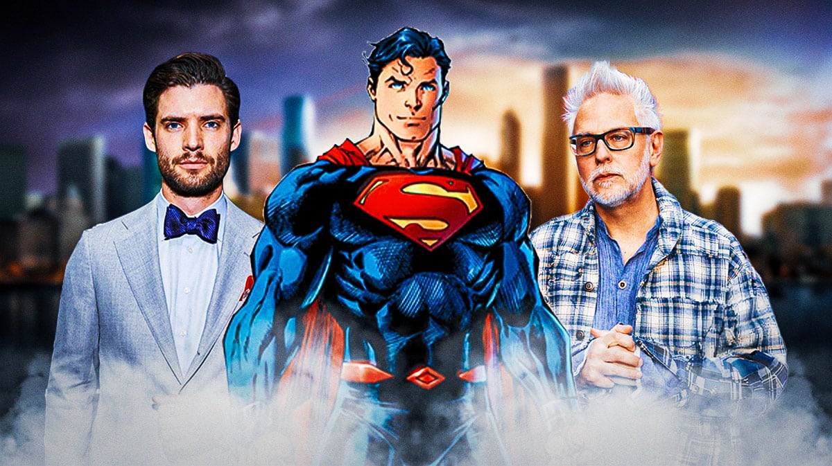 Superman in between DCU actor David Corenswet and James Gunn with city background.