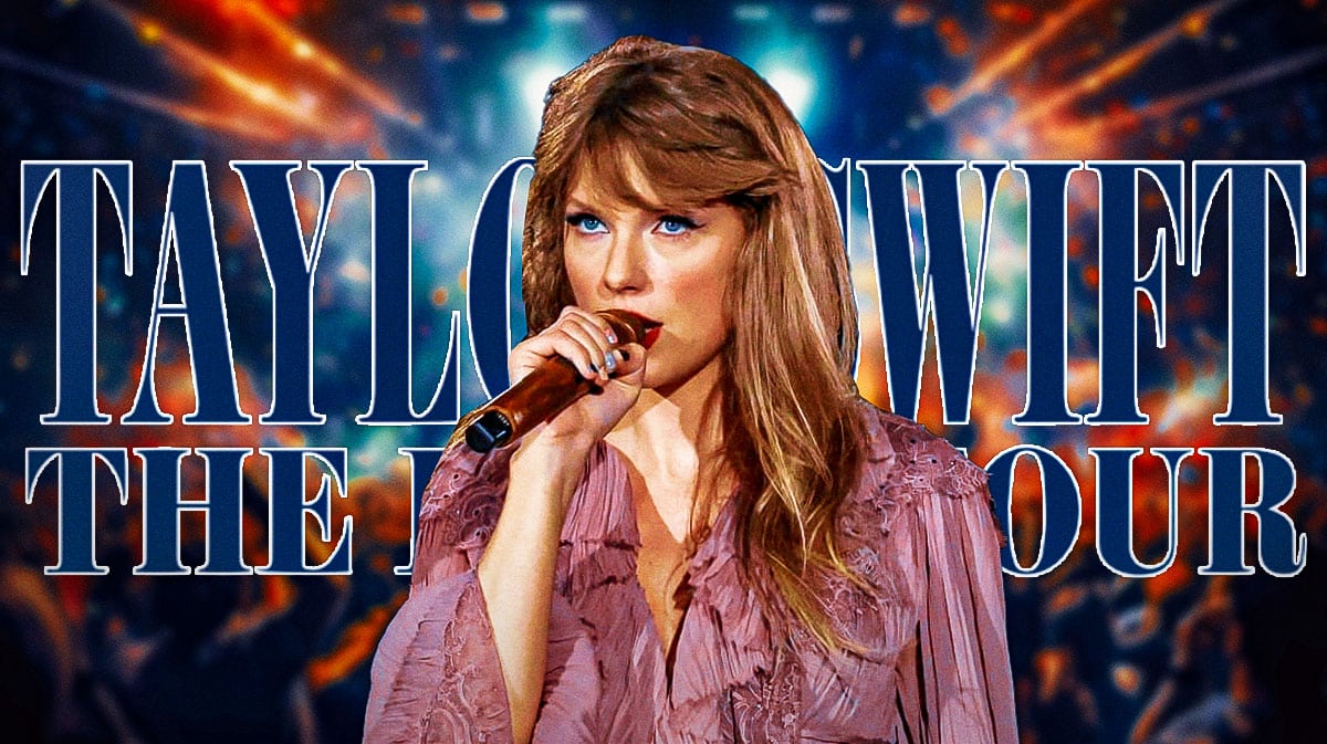 Taylor Swift and the Eras tour logo with concert background.