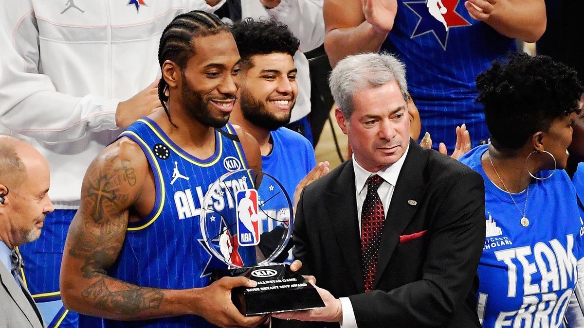 Team LeBron forward Kawhi Leonard of the LA Clippers receives the Kobe Bryant MVP Award