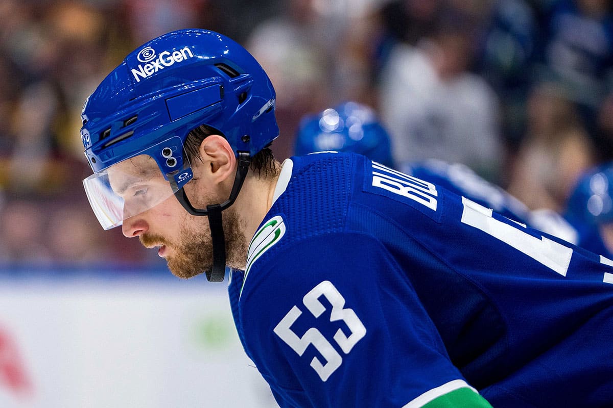 Vancouver Canucks forward Teddy Blueger (53) during a stop in play against the Edmonton Oilers during the second period in game five of the second round of the 2024 Stanley Cup Playoffs at Rogers Arena. 
