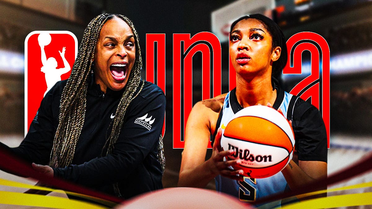 Sky's Teresa Weatherspoon stands next to Angel Reese, WNBA Rookie of the Year sign in background