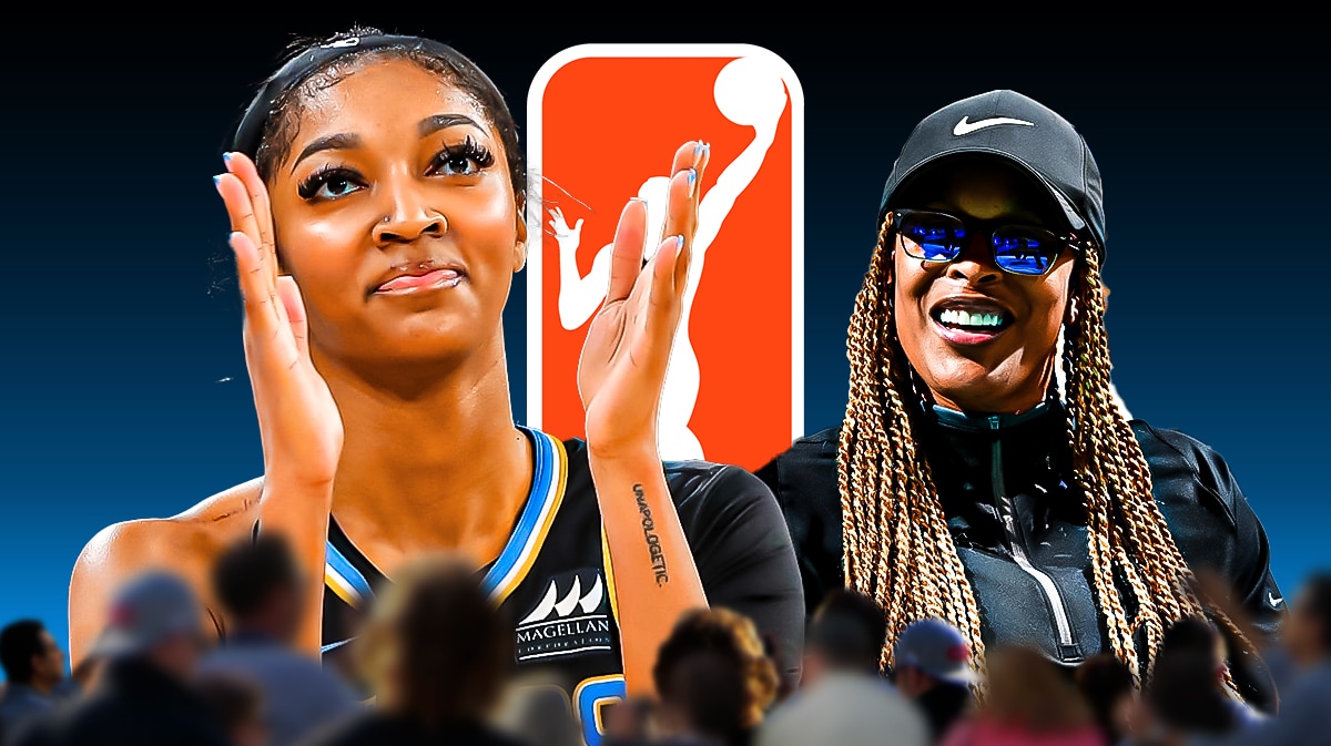 Sky's Teresa Weatherspoon stands next Angel Reese with Lynx logo in background