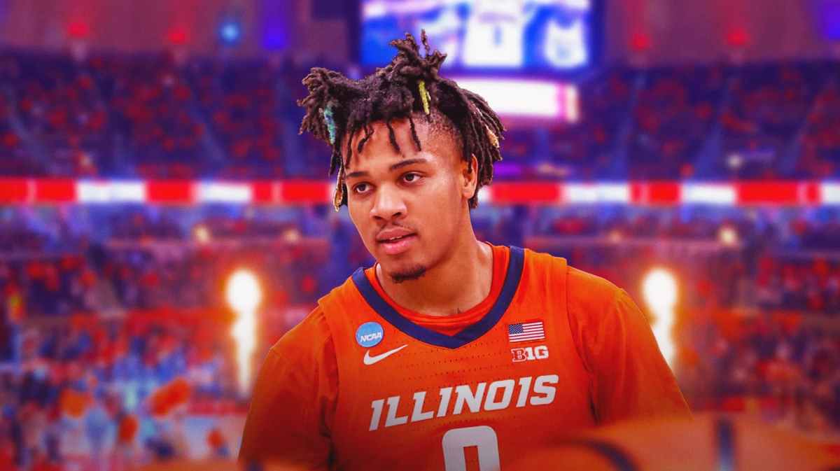 Illinois basketball player Terrence Shannon Jr. in front of State Farm Center.