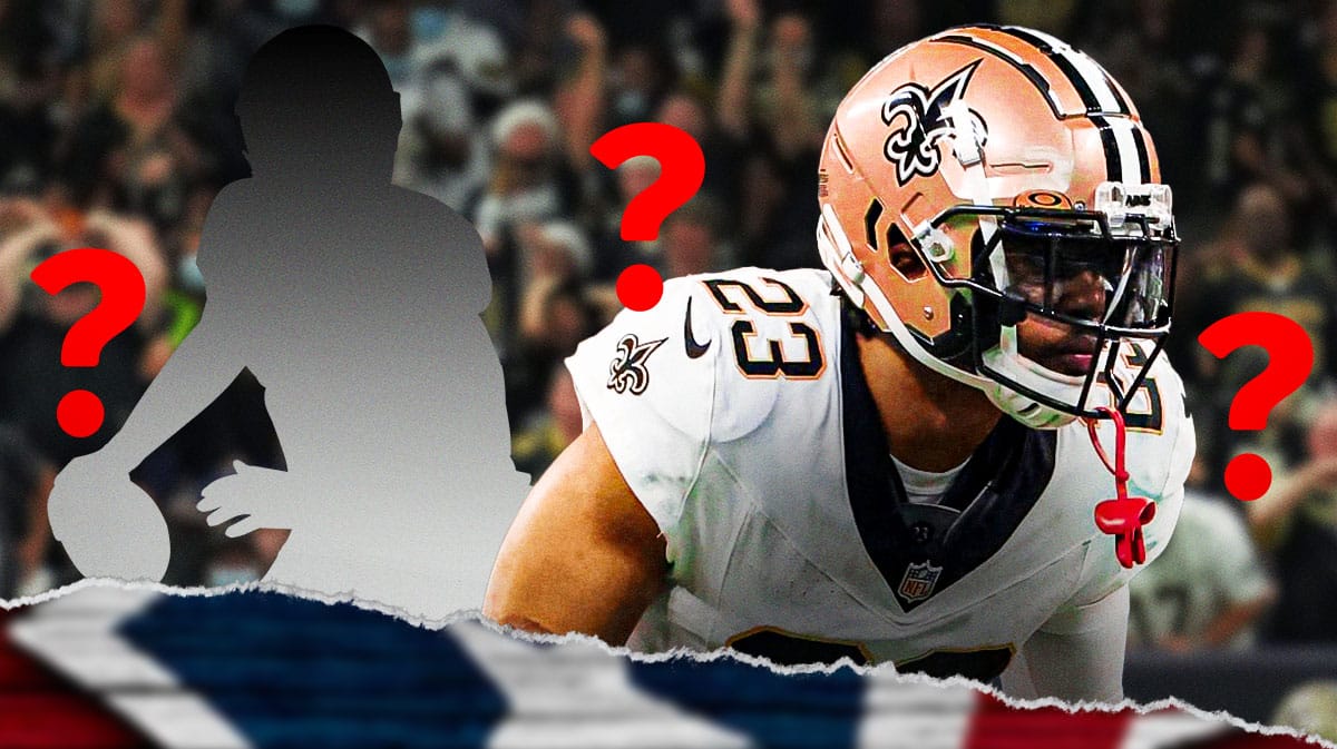 Marshon Lattimore in middle of image, one silhouetted Houston Texans player on each side, 3-5 question marks, football field in background