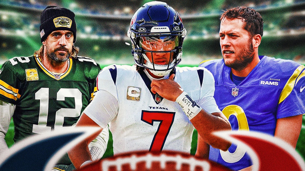 Former Green Bay Packers quarterback Aaron Rodgers, Houston Texans QB C.J. Stroud, and Los Angeles Rams QB Matthew Stafford