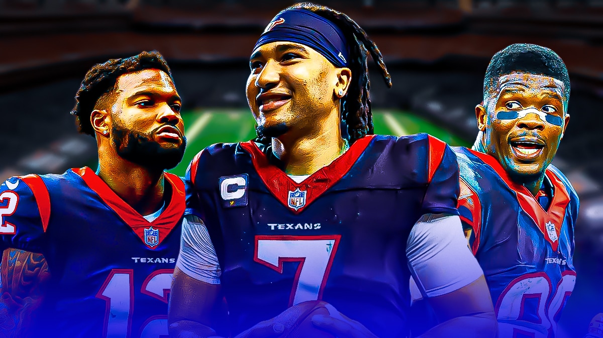 Houston Texans stars C.J. Stroud, Nico Collins, and former player Andre Johnson in front of NRG Stadium.