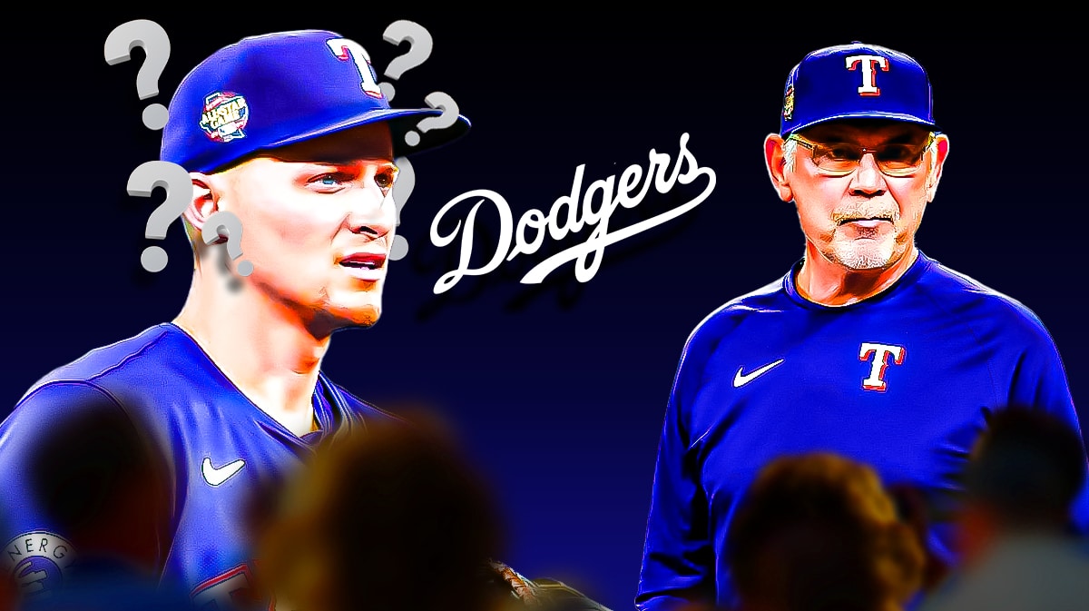 Rangers' Corey Seager with question mark above him, manager Bruce Bochy, Dodgers