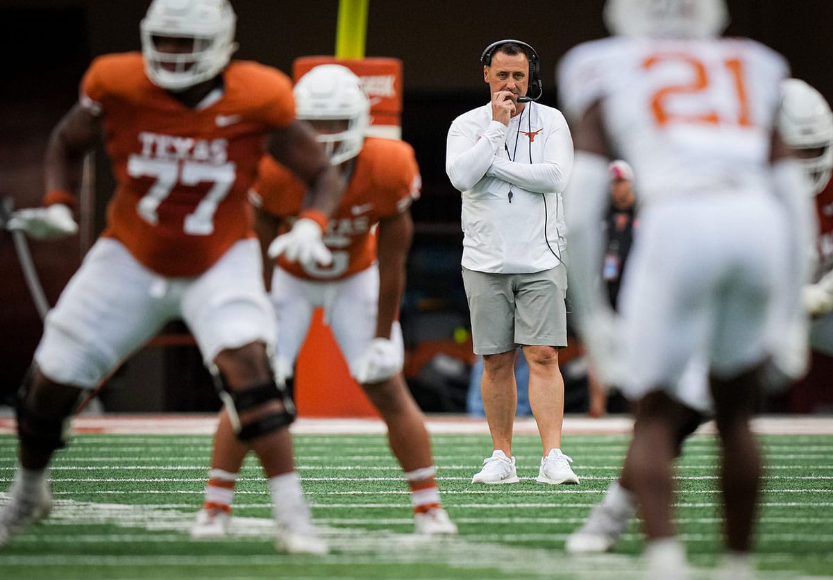Texas Longhorns Head Coach Steve Sarkisian watches the play in the Longhorns' spring Orange and White game at Darrell K Royal Texas Memorial Stadium in Austin, Texas, April 20, 2024.
