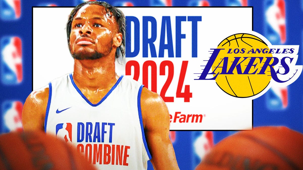 Bronny James next to NBA Draft and Lakers logos