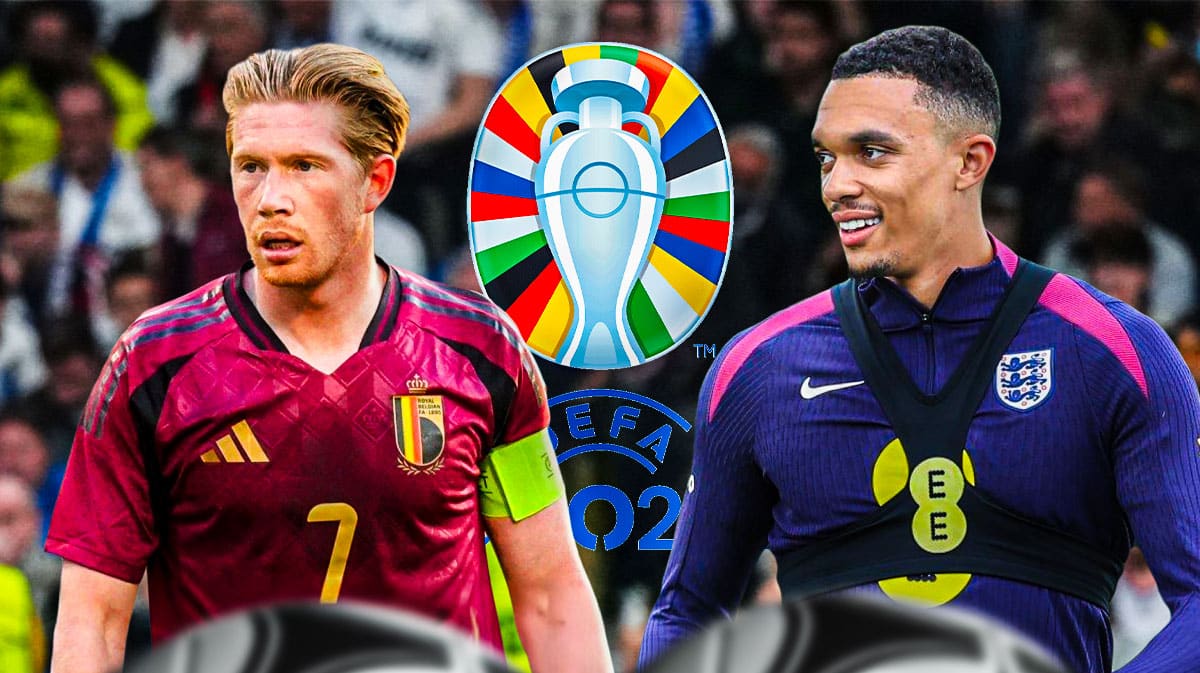 Trent Alexander-Arnold and Kevin De Brune in front of the Euro 2024 logo