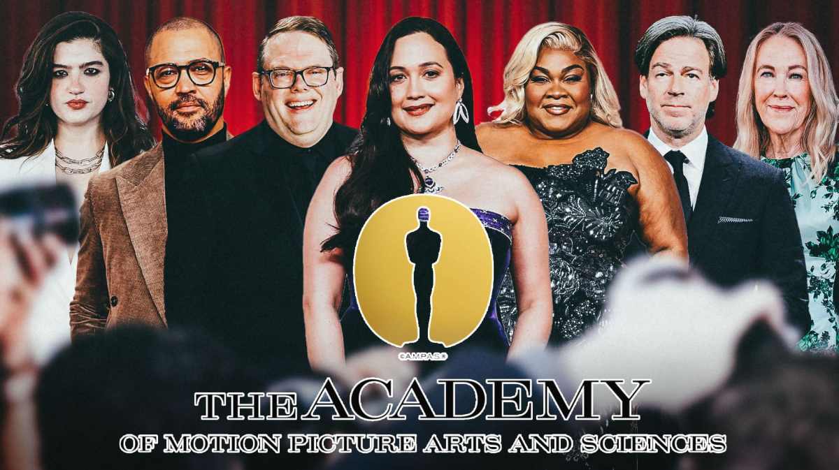 From L-R: Emma Seligman, Cord Jefferson, Lily Gladstone, Duncan Crabtree-Ireland, Da'Vine Joy Randolph, Peter Safran, Catherine O'Hara, Academy of Motion Pictures Arts and Sciences logo