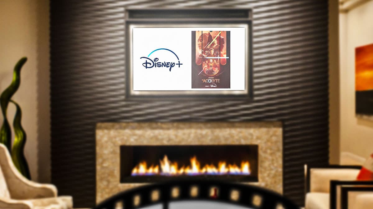 Disney+ logo and Star Wars: The Acolyte poster on TV in living room.
