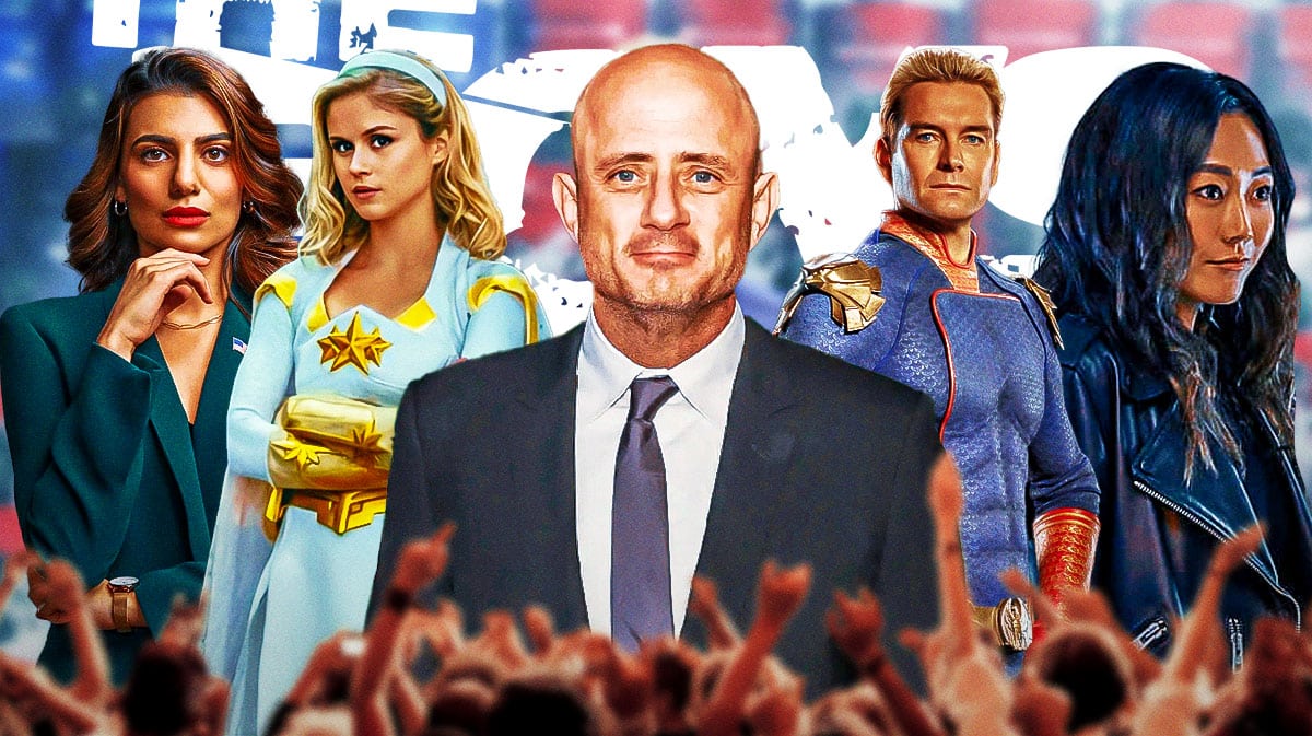 The Boys creator and logo with Season 4 stars Antony Starr as Homelander, Erin Moriarty as Starlight, Claudia Doumit as Nadia Khayat, and Karen Fukuhara as the Female.