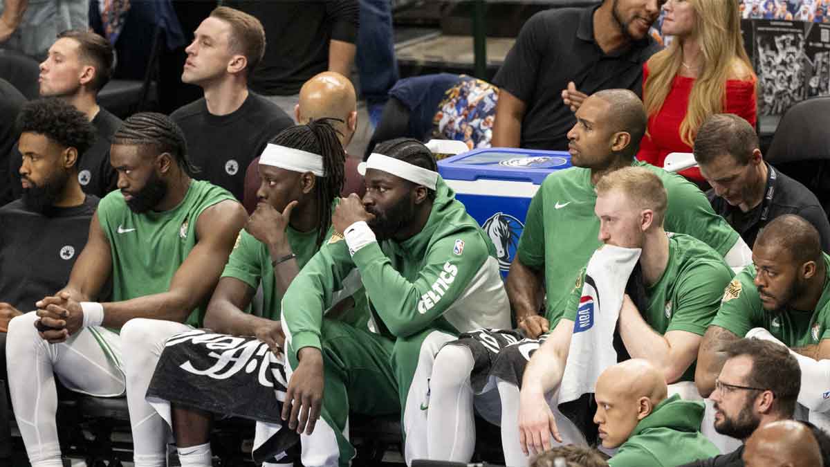  A view of the players on the Boston Celtics bench as they watch the game against the Dallas Mavericks during game four of the 2024 NBA Finals at American Airlines Center